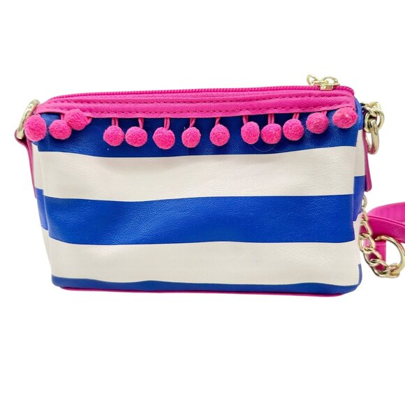 Betsey Johnson Luv Betsey Crossbody Bag Blue White Stripe Pink Strap Pom Accents - Picture 6 of 10